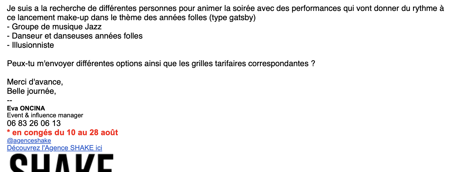 Exemple de brief par e-mail pour une soirée Gatsby