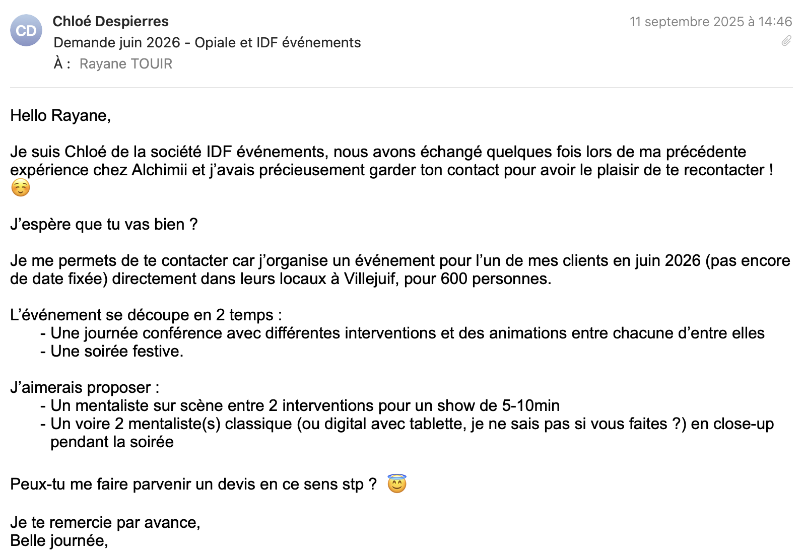 Exemple de brief par e-mail pour un mentaliste